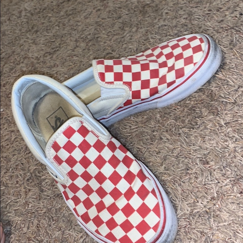 Red checkered slip on vans
